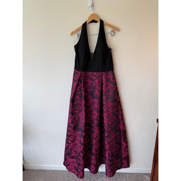 JS Collections Open Back Halter Neck A-Line Long Dress Floral Pink Women Plus 16 - Picture 2 of 10